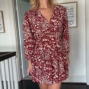 ba&sh Red & Ivory Printed Lady Dress Mini Dress | Long Sleeve Boho Dress Size S